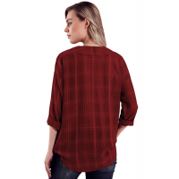 Burgundy Crepe Plaid Notched Neckline Blouse