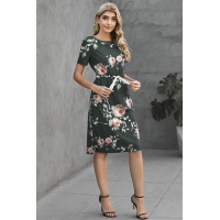 Short Sleeve Pocketed Drawstring Casual Floral Dress