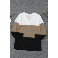 Khaki V-neck Color Block Button Waffle Knit Top