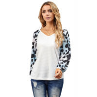 White Leopard Sleeve V Neck Waffle Top