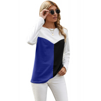 Blue Color Block Splicing O-Neck Blouse