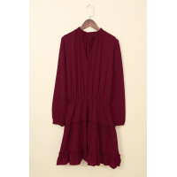 Wine V Neck Long Sleeve Ruffle Tiered Mini Dress