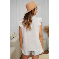 White Sleeveless Button Closure Ruffled Linen Shirt 