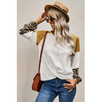 Leopard Long Sleeve Waffle Knit White Blouse with Twist Knot