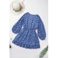 Blue V Neck Lantern Sleeves Floral Tunic Dress