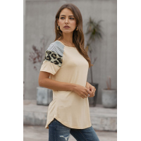 Khaki Striped Leopard Print Short Sleeve Women T-shirt