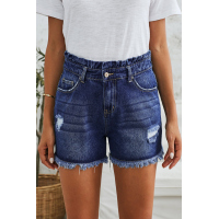 Blue High Rise Ruffle Waist Denim Shorts