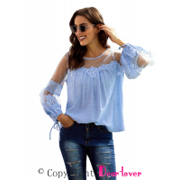 Sky Blue Fashion Lantern-Sleeve Lace Patchwork Top