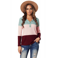 Sky Blue V-neck Color Block Button Waffle Knit Pullover