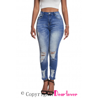 Dark Blue Washed Distressed Slits Skinny Jeans