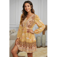 Yellow V-neck Floral Print Long Sleeve Tunic Mini Dress