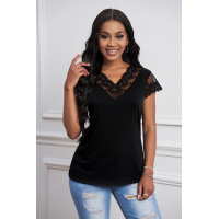 Black Lace V Neck Short Sleeves Top