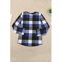 Blue Contrast Plaid V Neck Long Sleeve Top