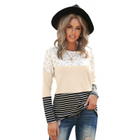 Apricot Leopard and Stripe Color Block Long Sleeve Top