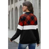 Red Plaid Color Block Zipper Turn Down Collar Long Sleeve Top