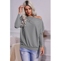 Gray Off Shoulder Ribbed Texture Raglan Long Sleeve Top