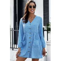 Sky Blue Printed V Neck Buttoned Long Sleeve Shirt Dress