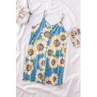 Sky Blue Sunflower Pattern Buttoned Slip Cami Dress