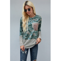 Camo Stripe Pocket Sequins Splicing Long Sleeve O-neck Top