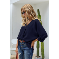 Blue V Neck 3/4 Sleeve High Low Hem Shirt