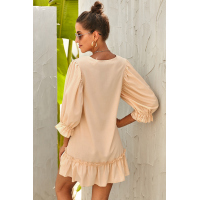 Beige Casual Loose V Neck Short Swing Dress