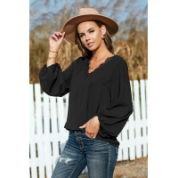 Black Lace V Neck Balloon Sleeves Top