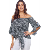 Black Bohemian Floral Print Off The Shoulder Blouse