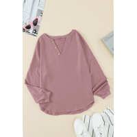 Pink Buttoned V Neck Cotton Loose Fit Top