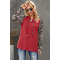 Red Leopard Patchwork Lace-up Front Long Sleeve Top