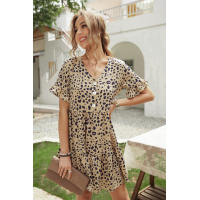 Leopard V Neck Ruffled Mini Dress with Buttons