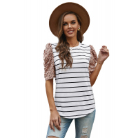 Leopard Ruffle Sleeve Striped T-shirt