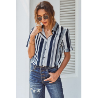 White Navy Striped Short Sleeve Button Shirt