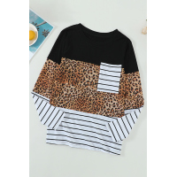 Brown Leopard Striped Patchwork Long Sleeve Top with Pocket