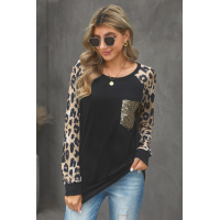 Leopard Round Neck Sequin Long Sleeve Top