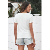 White Scoop Neck Buttoned Front Ribbed Knit Short Sleeve Top