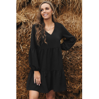 Black Ruffle V-Neck Flowy Loose Tunic Dress