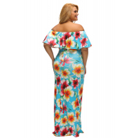 Turquoise Roses Print Off-the-shoulder Maxi Dress