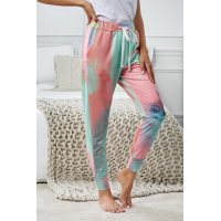 Pink Tie-dye Color Block Drawstring Pants