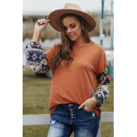 Brown Boho Floral Print Balloon Sleeve Top with Lace Details