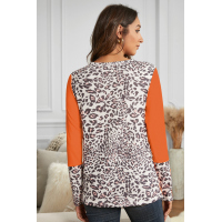 Orange Leopard Splicing Long Sleeve Top with Button Details