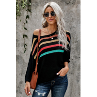 Multicolor Stripes Print Black Knit Top