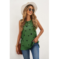 Green Star Print Knit Tank with Slits