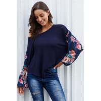 Blue Floral Sleeve Pullover Top