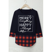 Christmas Letter Print Red Plaid Cuffs and Hem Long Sleeve Top