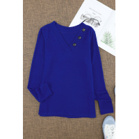 Blue V-neck Button Solid Color Long Sleeve Top