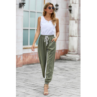 Green Casual Striped Drawstring Pants