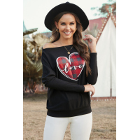 Black Valentine Love Heart Plaid Printed Splicing Bat Sleeve Top