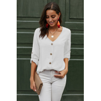 White Button Detail Roll Up Sleeve Blouse