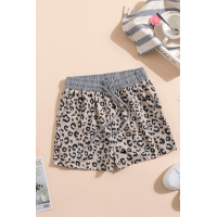 Khaki Leopard Print Drawstring Waist Shorts