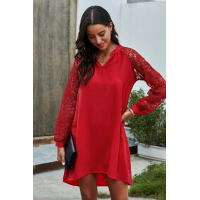 Red Lace Long Sleeves Shift Above Knee Dress